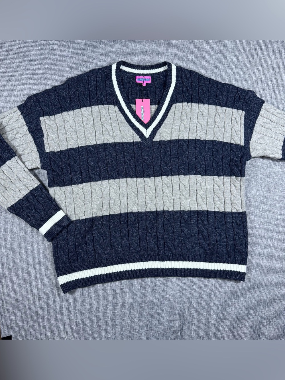 Edikted Navy and Light Gray Striped V-Neck Cable Knit Sweater